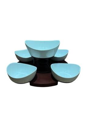 B Smith With Style Wooden Lazy Susan With Metal Tray Warmer & 5 Ceramic Bowls